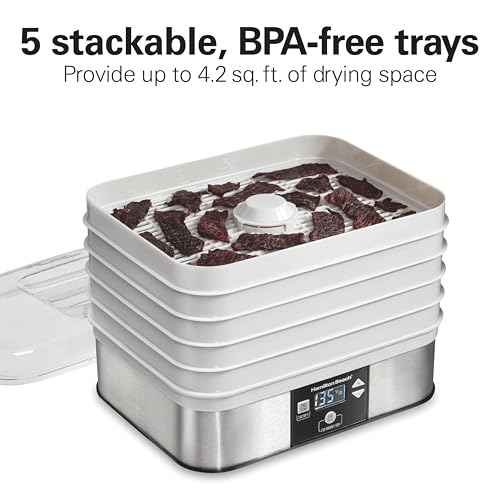 Hamilton Beach Digital Food Dehydrator for Fruit and Jerky, Vegetables and More, 5 Trays, Adjustable Temperature, 48 Hour Timer + Auto Shutoff, Grey (32100A)