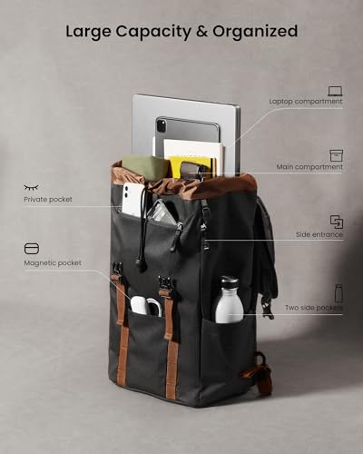 tomtoc Flap Laptop Backpack, Lightweight, Water-Resistant Casual Daypack, Durable Work-pack, Vintage Classic Rucksack for ...