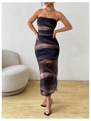 Milumia Women's Tie Dye Printed Ruched Tube Dress Strapless Mesh Split Rave Maxi Dresses