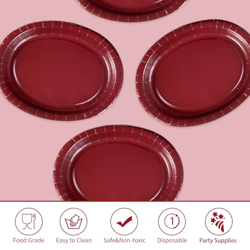 50Pcs Burgundy Oval Paper Plates 10" x 12" Heavy Duty Maroon Wine Dark Red Party Disposable Plates Valentines Day Dessert ...