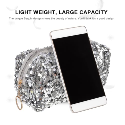VALICLUD Sequin Makeup Bag Silver Glitter Cosmetic Pouch Large Capacity Travel Organizer with Zipper for Women and Girls