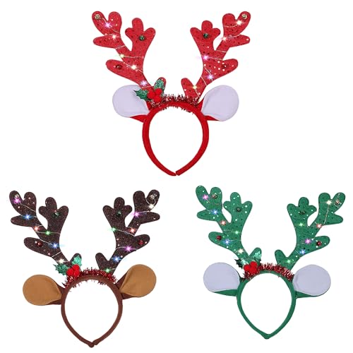 Xinoe 3 Pcs Christmas Antler Headband with LED Lights for Christmas Parties and Festive Decorations