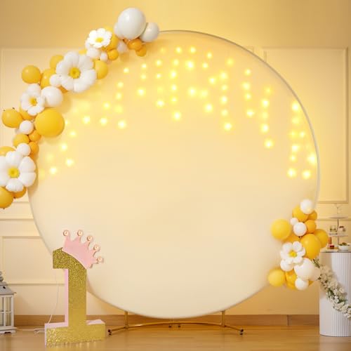 7.2 FT Ivory Round Backdrop Cover with Lights String for Circle Arch Stand Circle Backdrop Covers with LED Fairy Lights fo...