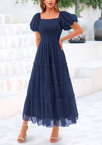 PRETTYGARDEN Women's Smocked Midi Tulle Dress 2026 Summer Puffy Short Sleeve Square Neck Ruffle Wedding Guest Party Dresses