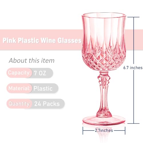 Deritec Plastic Goblets Plastic Wine Glasses 24 PCS, 7oz Pink Goblets Glassware Disposable Cups for Wedding Reception, Gra...