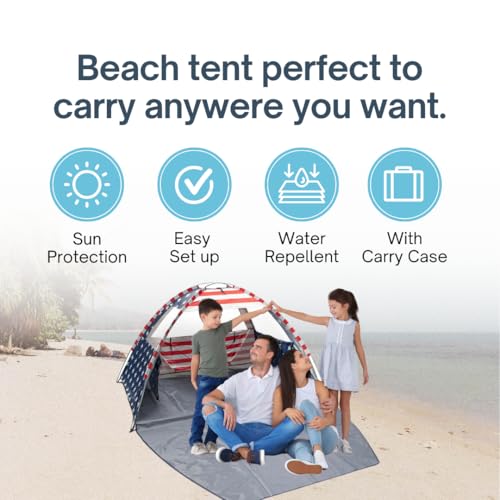 American Flag Portable Beach Tent Anti UV for 3-4 Person – Premium Beach Tent Sun Shelter with 3 Large Mesh Windows – Shad...
