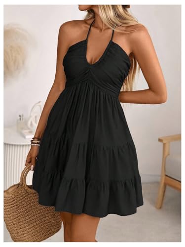 SOLY HUX Women's Summer Mini Dress Halter Backless Sleeveless A Line Ruffle Hem Flowy Cami Dresses Sundress