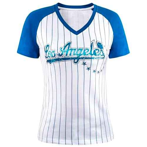 Womens City Baseball Pinstripe Fans Vintage Sporty V-Neck Tee Shirts - Royal & White