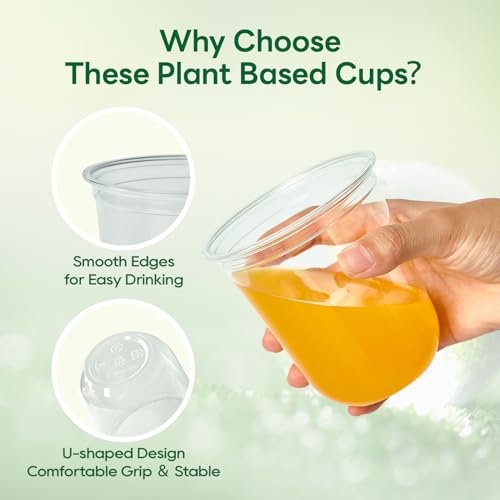 Vplus 12 oz Compostable Clear Plastic Cold Cups, 100 Pack Biodegradable Disposable Cups, BPA & PFAS Free, Plant-Based Plas...