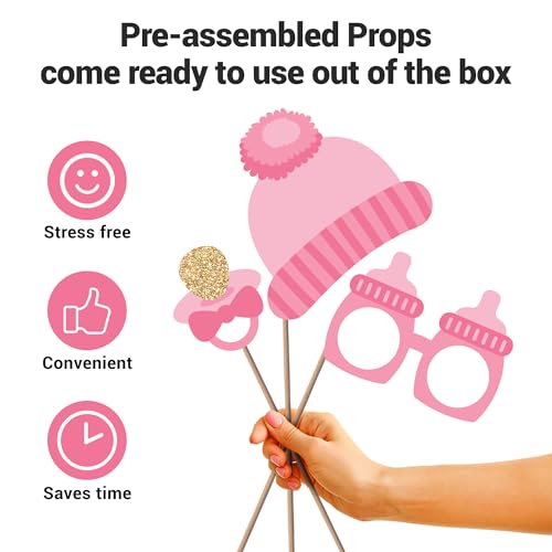 Fully Assembled Baby Shower Photo Booth Props - Set of 30 - Girl Baby Shower Selfie Signs - Pink Party Supplies & Decorati...