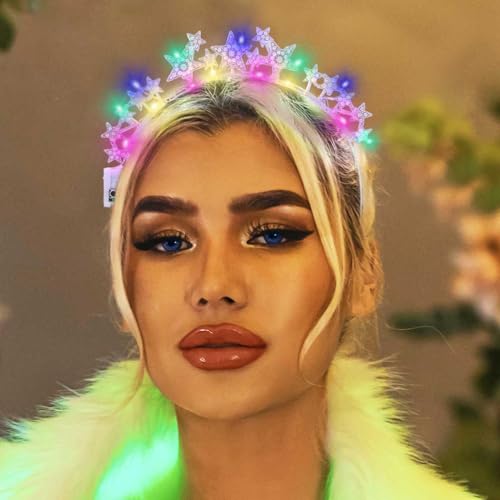 DRESBE Light Up Star Headband New Year LED Rhinestone Headbands Glow NYE Party Hair Accessories for Women (Silver)