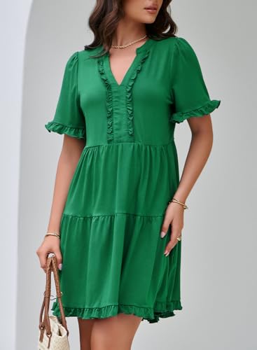 Dokotoo Womens Summer Dresses V Neck Short Sleeve Casual Empire Waist Flowy Babydoll Mini Dress