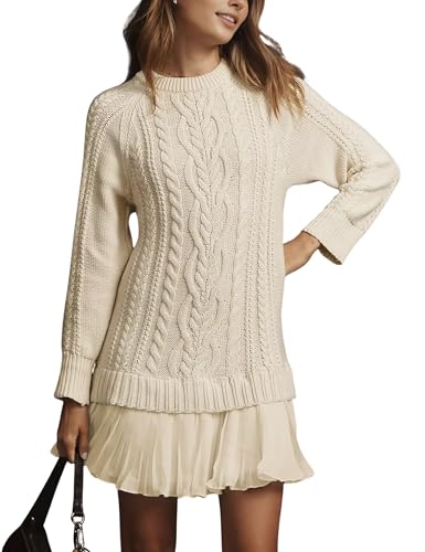 MINSURE Women Cable Knit Sweater Dress Crewneck Long Sleeve Pleated Mini Dress Twofer Style Patchwork Dress