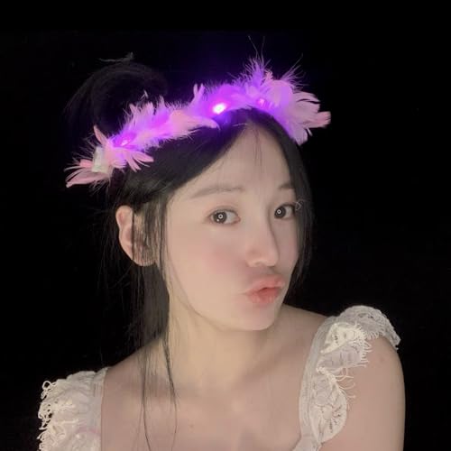 LEEMASING LED Feather Wreath Crown Headband Light-Up Angel Halo Headband For Wedding Christmas Halloween Valentine's Day (...