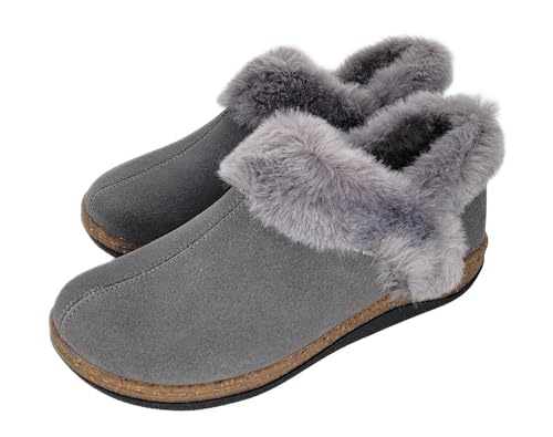 Clarks Womens Suede Leather Ankle Bootie Slipper JMH2034 - Plush Faux Fur Lined - Indoor Outdoor House Slippers For Women