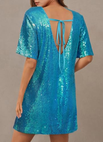 ENOPINK Women's Crew Neck Sequin Dress for Women Sexy V Neck Shirt Dresses Sparkly Shift Mini Dress