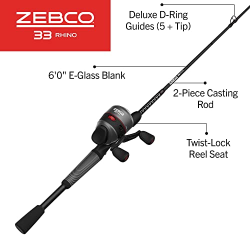 Zebco 33 Rhino Tough Spincast Reel and 2-Piece Fishing Rod Combo, Durable E-Glass Rod with ComfortGrip Handle, Quickset Anti-Reverse Fishing Reel with Bite Alert