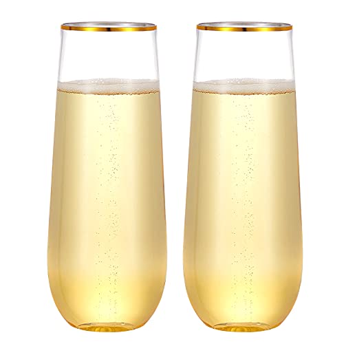 N9R 24PCS Plastic Champagne Flutes, 9 Oz Stemless Disposable Gold Rim Toasting Glasses, Crystal Clear Cocktail Cups Drinkw...
