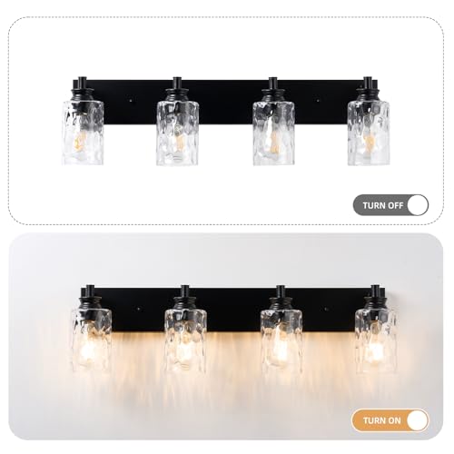 AMRUIPO 4 Light Bathroom Vanity Light Modern Black Bathroom Light Fixtures Over Mirror with Hammered Glass Lampshade for Kitchen Hallway