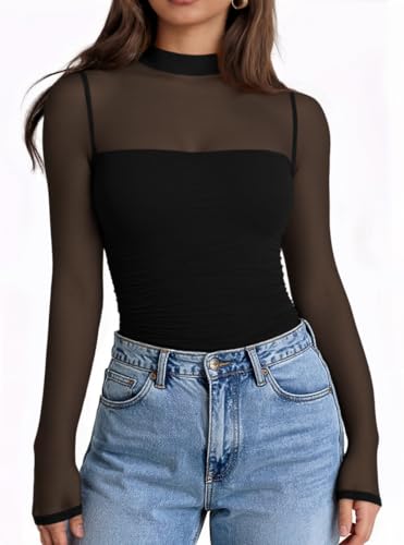 LILLUSORY Womens Long Sleeve Tops Mock Neck See Through Lace Shirts Sheer Going Out Sexy 2026 Fall Fashion Outfits
