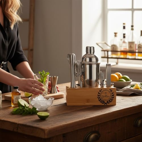 Personalized Cocktail Shaker Set with Stand — Engraved Bartender Kit w/Jigger, Strainer, Spoon & Pourer — Custom Bar Mixol...