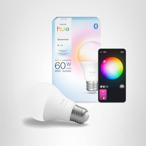 Philips Hue Essential Smart LED A19 Bulb, White and Color Ambiance, E26 Base, 8.8W, 2200K-6500K, 800 Lumens, Dimmable, Works with Alexa, Google, and Apple Home, 1-Pack