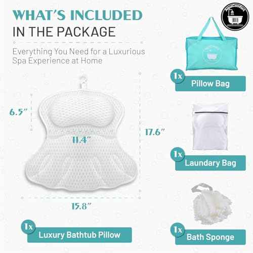 Bathtub Pillow, Luxury Bath Pillows for tub Neck, Back and Shoulder Support, Thick Padded, Ergonomic Bath Tub Pillow with 4D Air Mesh Cushions, Strong Suction Cups, Relaxing Bath Accessories Spa Gifts