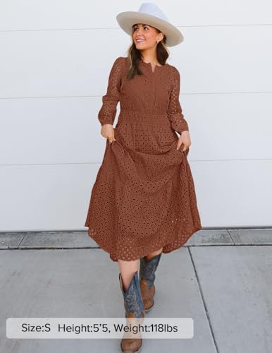ZESICA Women's 2026 Spring Long Sleeve Maxi Dress V Neck Hollow Out Eyelet A Line Long Flowy Casual Party Dresses