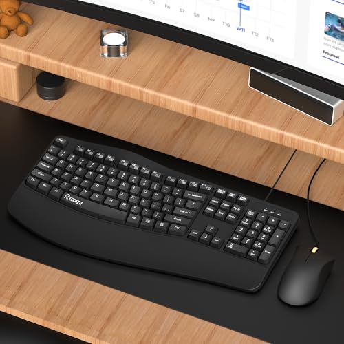 RECCAZR Ergonomic Keyboard, Wired Computer USB Keyboard with Wrist Rest, Spill-Resistant, Wave Keys for Natural Typing, Co...