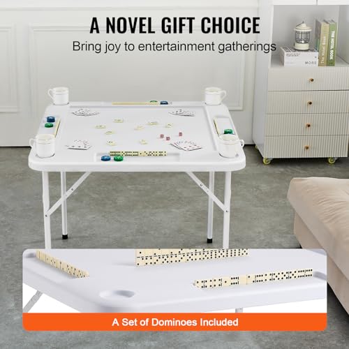 VEVOR Mahjong Table, Square 4 Player Folding Card Table with 4 Cup Holders & 4 Chip Trays, Portable Domino Game Table with 1 Set of Dominoes for Mahjong Poke Puzzles, 35.4 x 35.4-inch, Black
