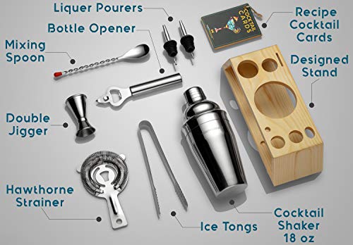 Modern Mixology Bartender Kit with Bamboo Stand - Cocktail Shaker Set and Bar Accessories for Home Bar, Drink Mixing, and ...
