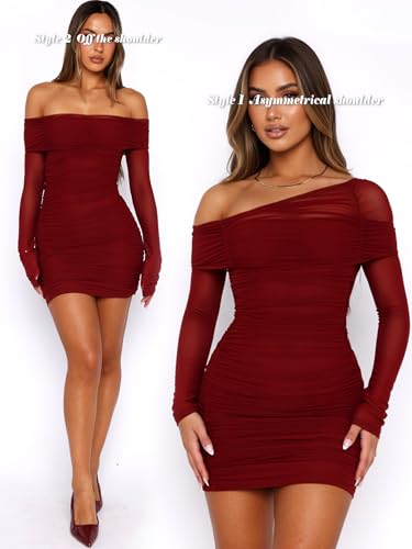 OZICERD Off The Shoulder Mini Dresses for Women Long Sleeve Ruched Bodycon Mesh Dress Cocktail Party Club Going Out Dress