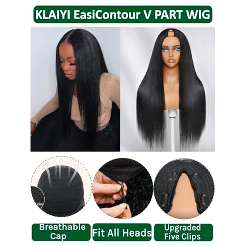 KLAIYI Yaki Straight V Part Wig Human Hair Glueless Upgrade U Part Wig No Leave Out No Gel Machine Made Clip In Half Wigs for Women Beginner Friendly 30S Ready to Wear Kinky Wig Natural Color 18Inch