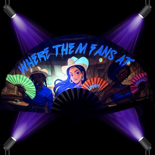 YKuzLx 13‘’ UV Glow Large Rave Fan for Men Women, Decorative Folding Hand Fan for Party, Home Decoration, Gift, Music Fest...