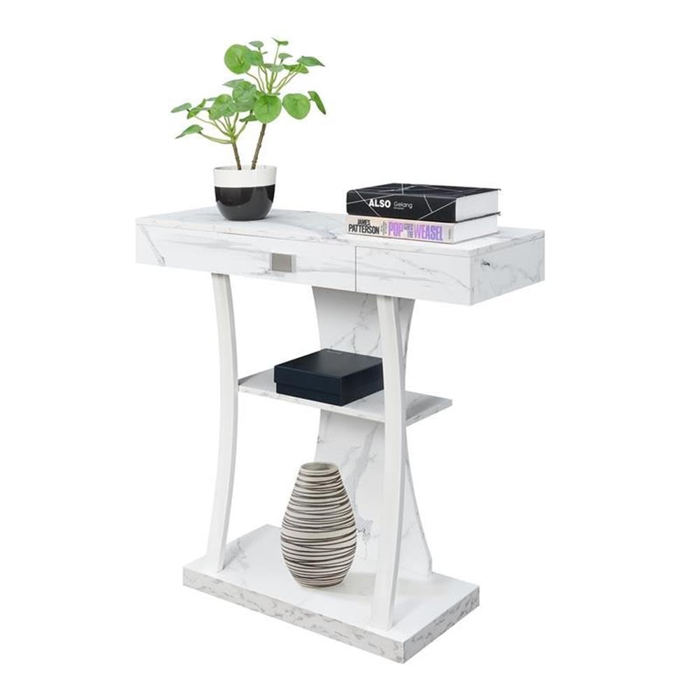 Convenience Concepts Newport Harri Console Table 36" - Modern Sofa Table with Storage Shelves, One Drawer Narrow Entryway Hall Table for Living Room, White Faux Marble/White