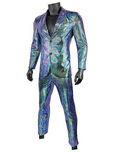 Nawgut Sequin Blazer Metallic Slim Suit 2 Piece Set Disco Prom Shiny Outfit Wedding Party Banquet Fashion Jacket Pant