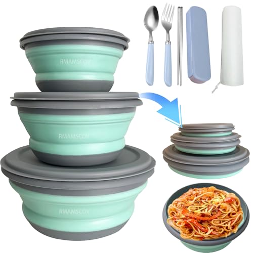 RMAMSCOV Collapsible Camping Bowl with Lid, Silicone Salad Bowl Serving, Microwave Foldable Soup Ramen Serving for Travel,...