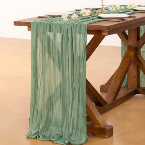 Socomi Sage Green Cheesecloth Table Runner Spring Easter Boho Rustic Farmhouse Gauze 120 inch 10FT Cheese Cloth Runner for...
