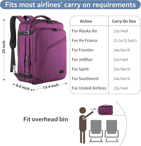 MATEIN Large Purple Travel Backpack, Water Resistant Airplane Backpack for Women, Expandable Casual Daypack for Work, Inte...