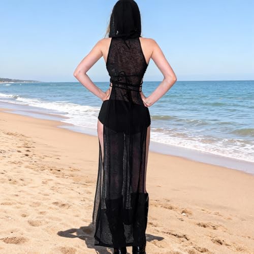 Joanyanl Rave Outfits for Women, Goth Sleeveless Hooded Sheer Knit Dress,EDM Festival Outfits Streetwear