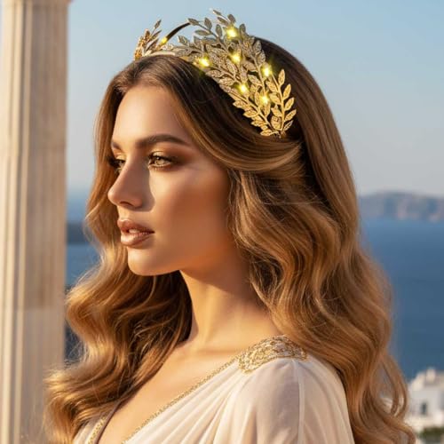 DRESBE Light Up Leaf Headband LED Greek Goddess Headbands Glow Toga Roman Hair Accessories for Women(2pcs) (Gold)
