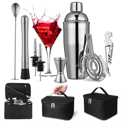 Widecook 9 Pcs Travel Bartender Kit Cocktail Shaker Set with Bag 25oz Martini Shaker Kit, Ice Crusher, Wine Opener, Strain...