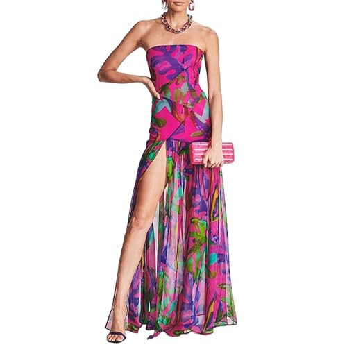 Women Tube Top Dress Tiger Stripe Mesh Patchwork Maxi Dress Strapless Sexy High Slit Long Dresses Party Clubwear
