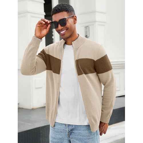 Runcati Mens Full Zip Cardigan Sweater Casual Knit Stand Collar Cardigan Slim Fit Color Block Fall Winter Sweaters