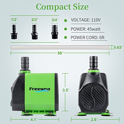 FREESEA Fountain Submersible Water Pump: 800GPH 45W Adjustable Small Pond Pump with 5ft Tubing Hose and 3 Nozzles 10ft Hig...