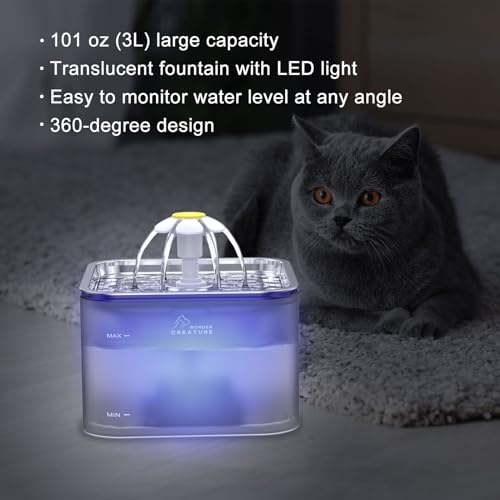 Crystal Cat Water Fountain Stainless Steel with 4 Filters and 4 Sponges, 101oz/3L Pet Fountain with LED Light for Cats and...