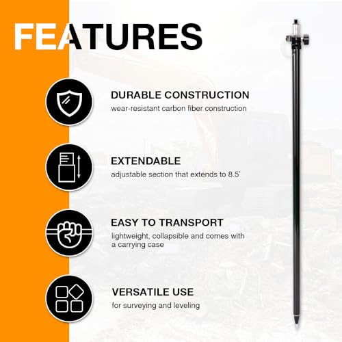 Mountlaser Carbon Fiber GPS Telescopic Pole - Extended to 2.5m/8.2FT, for Land Surveying and Engineering GPS/GNSS Accessor...