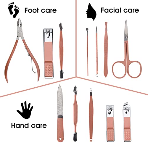 Nail Clippers and Beauty Tool Portable Set Manicure Set 12 in 1, with Pink Leather Bag, Suitable for Home, Workplace, Outd...