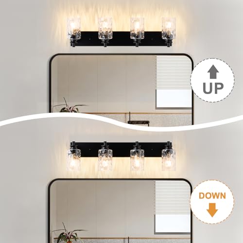 AMRUIPO 4 Light Bathroom Vanity Light Modern Black Bathroom Light Fixtures Over Mirror with Hammered Glass Lampshade for Kitchen Hallway
