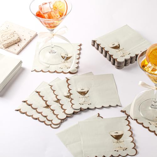 Dunzoom 100 Pcs Martini Cocktail Napkins a Tini Bit Older Birthday Decorations Scalloped Disposable Paper Napkins Espresso...